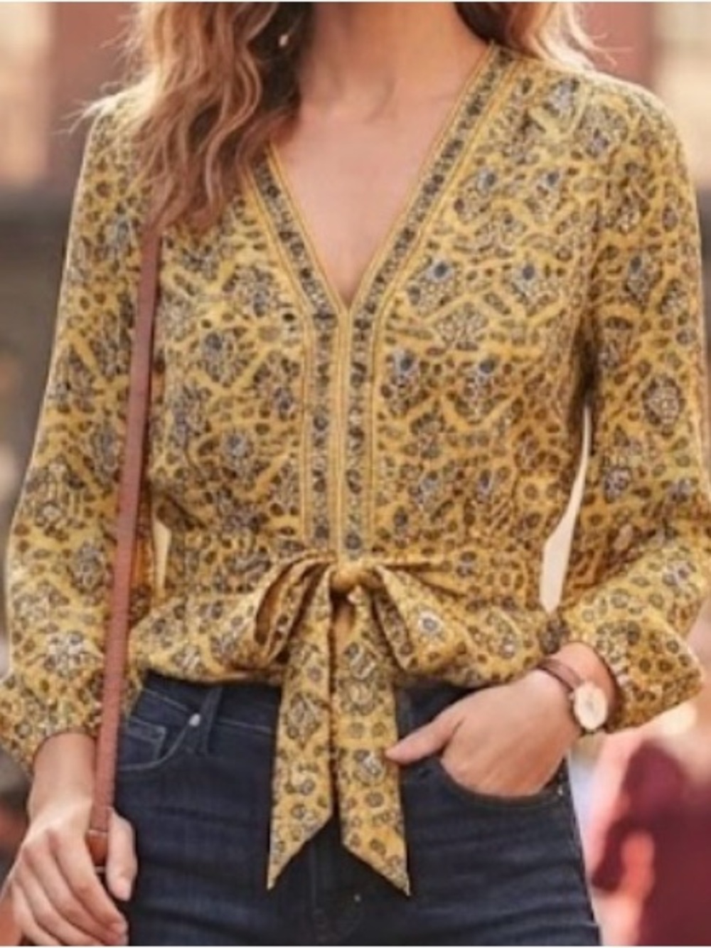 Max Studio Mustard Yellow Floral V-Neck Tie-Waist Blouse Medium Grandmacore,
